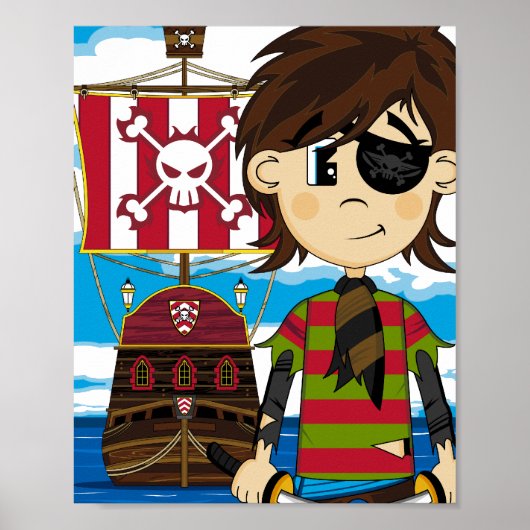 Cute Eyepatch Pirate and Ship Poster Print (Voorkant)