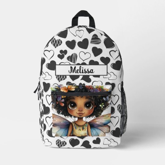 Cute Fairy Black Girl Hearts Customizable Name  Bedrukte Rugzak (Voorkant)