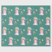 Cute Fairy Elf en Flowers op Blauwgroen Cadeaupapier (Vlak)