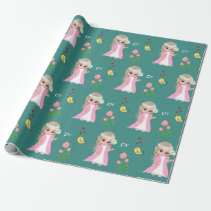 Cute Fairy Elf en Flowers op Blauwgroen Cadeaupapier