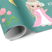 Cute Fairy Elf en Flowers op Blauwgroen Cadeaupapier (Rol Hoek)