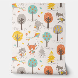 Cute Fall Forest animals with kites and trees Behang