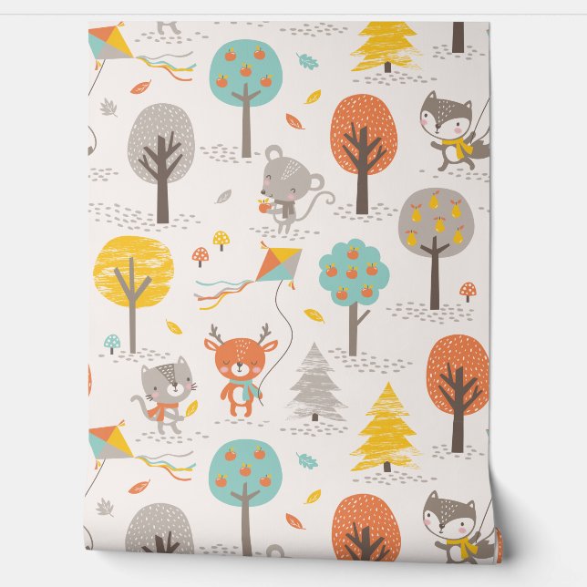 Cute Fall Forest animals with kites and trees Behang (Afrollen)