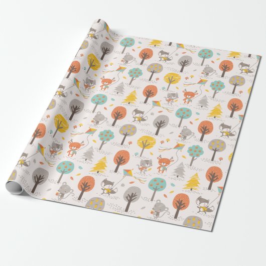 Cute Fall Forest animals with kites and trees Cadeaupapier (Uitgerold)