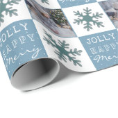 Cute Family Foto Blue Snowflake Kerstmis Cadeaupapier (Rol Hoek)