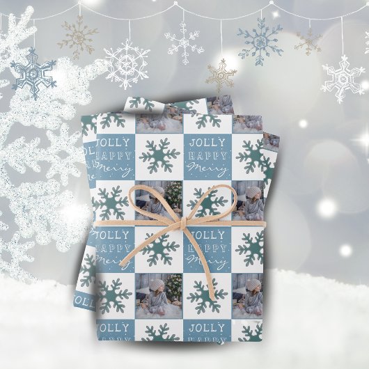 Cute Family Foto Blue Snowflake Kerstmis Inpakpapier Vel