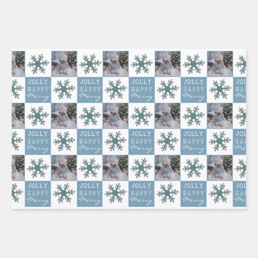 Cute Family Foto Blue Snowflake Kerstmis Inpakpapier Vel (Voorkant)