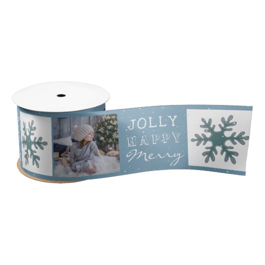 Cute Family Foto Blue Snowflake Kerstmis Satijnen Lint (Spoel)