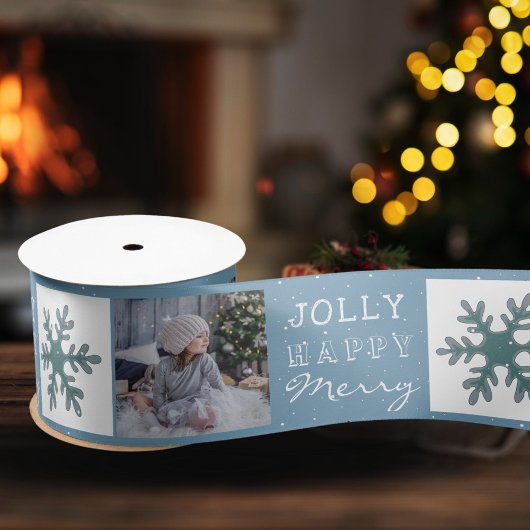 Cute Family Foto Blue Snowflake Kerstmis Satijnen Lint