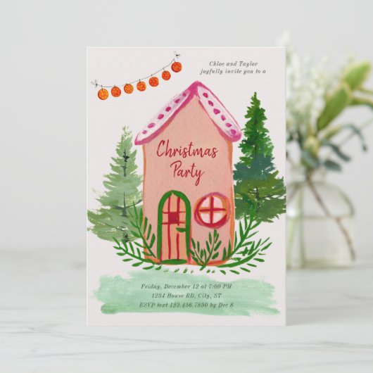 Cute Family House Christmas Party Kaart (Staand voorkant)