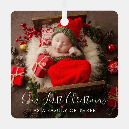 Cute Family of Three Elegant Photo First Kerstmis Metalen Ornament (Voorkant)