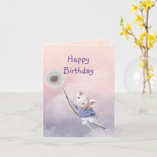 Cute Fantasy Birthday Mouse Dandelion Flying Kaart (Gele Bloem)