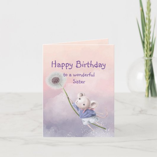 Cute Fantasy Birthday Zuster Mouse Dandelion Kaart (Voorkant)