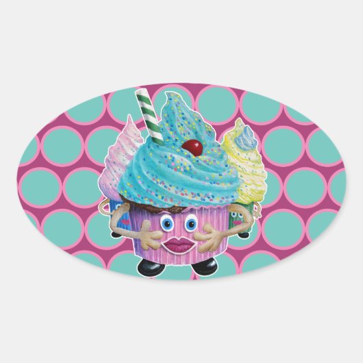 Cute Fantasy Creatur Cupcakes Illustrated Ovale Sticker (Voorkant)