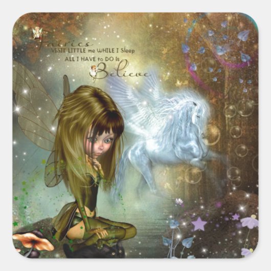 Cute Fantasy Fairy & Pegasus Believe Quote Vierkante Sticker (Voorkant)
