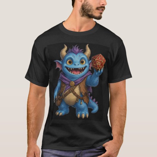 Cute Fantasy Monster met D20 Dobbelsteen T-Shirt (Voorkant)