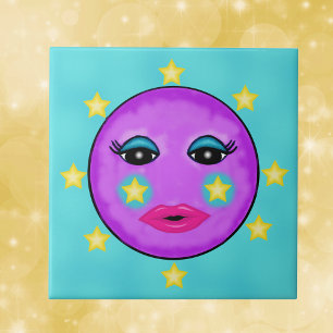 Cute Fantasy Paarse Moon Face Stars Tegeltje