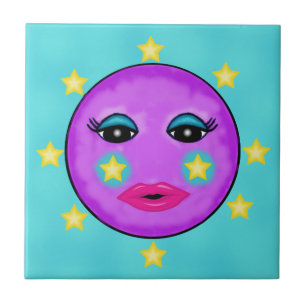Cute Fantasy Paarse Moon Face Stars Tegeltje