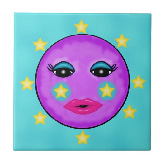 Cute Fantasy Paarse Moon Face Stars Tegeltje (Voorkant)