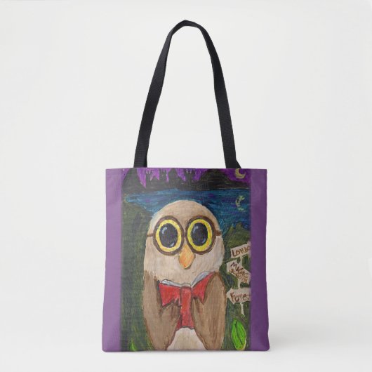 Cute Fantasy Reader Owl Folk Art Tote Bag (Voorkant)