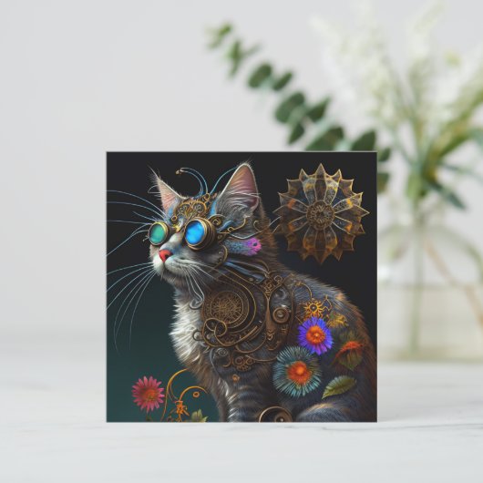 Cute fantasy steampunk cat en bloemen AI art (Staand voorkant)