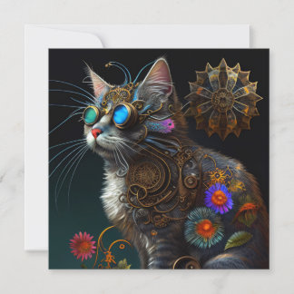 Cute fantasy steampunk cat en bloemen AI art