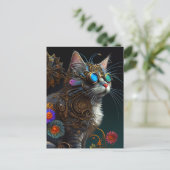 Cute fantasy steampunk cat en bloemen AI art Briefkaart (Staand voorkant)