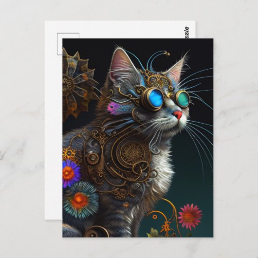 Cute fantasy steampunk cat en bloemen AI art Briefkaart (Voorkant / Achterkant)