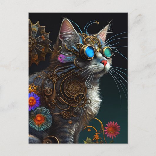 Cute fantasy steampunk cat en bloemen AI art Briefkaart (Voorkant)