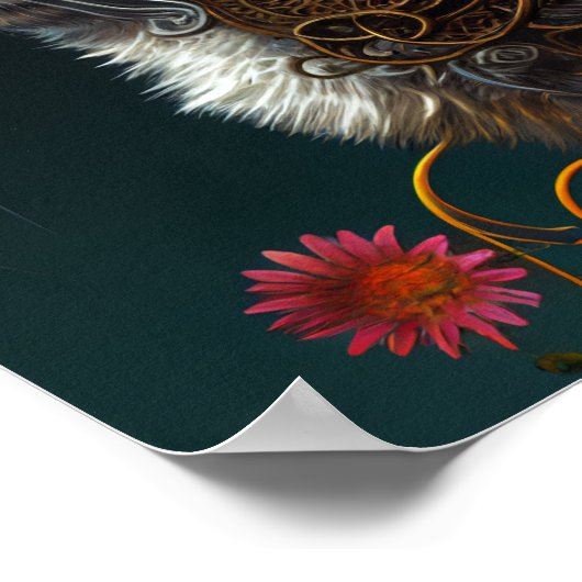 Cute fantasy steampunk cat en bloemen AI art Poster (Hoek)