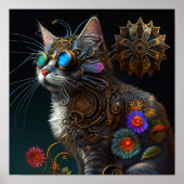Cute fantasy steampunk cat en bloemen AI art Poster (Voorkant)