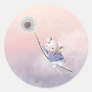 Cute Fantasy Waterverf Mouse Dandelion Flying Ronde Sticker