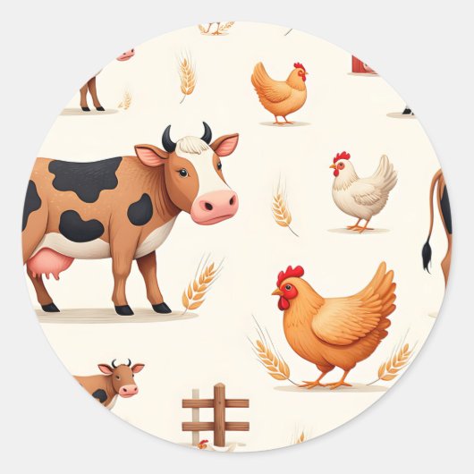 Cute Farm Animals Barn Pattern Ronde Sticker (Voorkant)