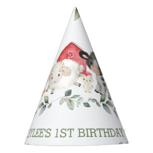 Cute Farm Animals Greenery 1st Birthday Boy Girl  Feesthoedjes
