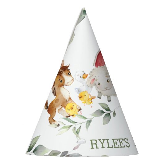 Cute Farm Animals Greenery 1st Birthday Boy Girl  Feesthoedjes (Links)