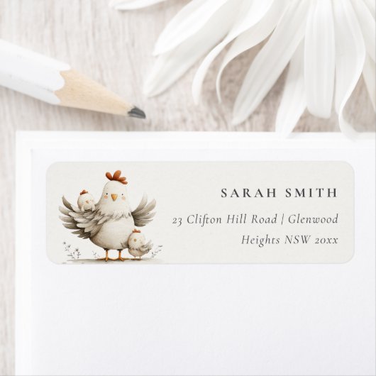 Cute Farm Mum and Baby Chick Floral Address Etiket (Insitu)