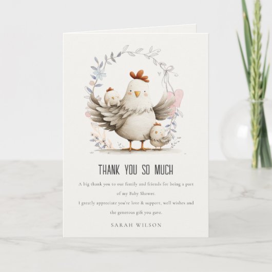 Cute Farm Mum and Baby Chick Floral Baby Shower Bedankkaart (Voorkant)