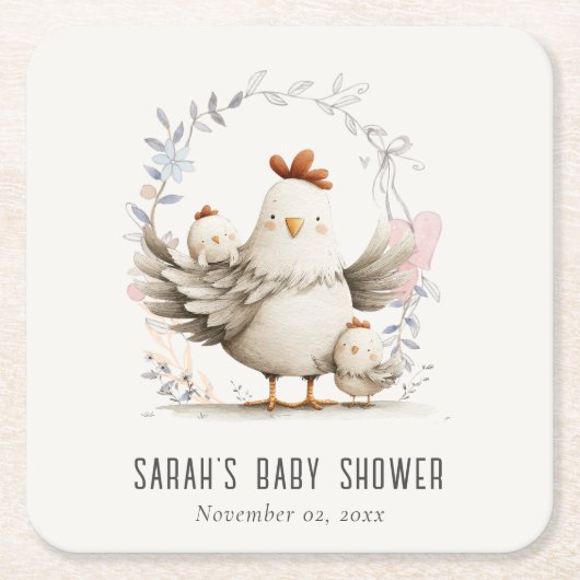 Cute Farm Mum and Baby Chick Floral Baby Shower Kartonnen Onderzetters (Voorkant)