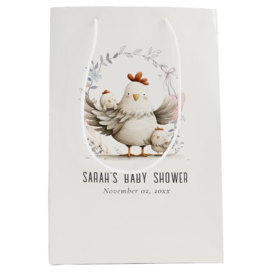 Cute Farm Mum and Baby Chick Floral Baby Shower Medium Cadeauzakje (Voorkant)