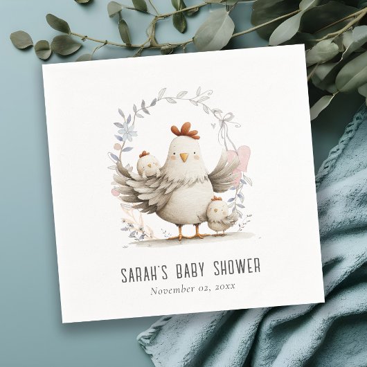 Cute Farm Mum and Baby Chick Floral Baby Shower Servet