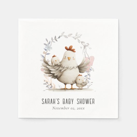 Cute Farm Mum and Baby Chick Floral Baby Shower Servet (Voorkant)