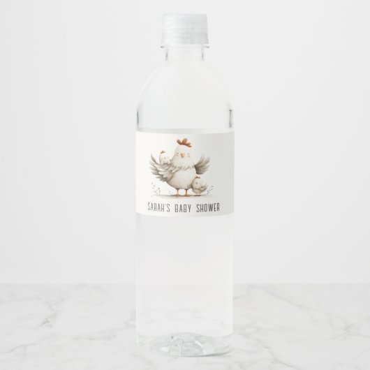 Cute Farm Mum and Baby Chick Floral Baby Shower Waterfles Etiket (Voorkant)