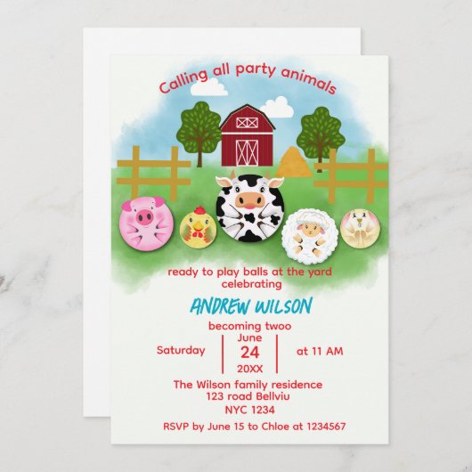 Cute Farm Party Animals Balls Birthday Invitation Kaart (Voorkant / Achterkant)