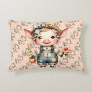 Cute Farmcore Varken in Overall met Bloemen Accent Kussen