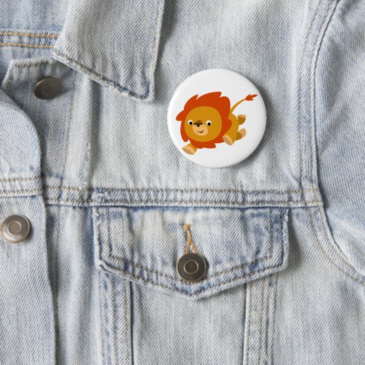 Cute Fast Cartoon Lion Button Badge (In situ)