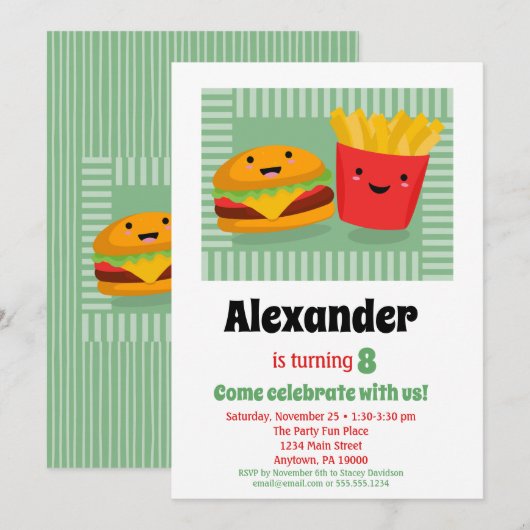 Cute Fast Food Hamburger Fries Birthday Invitation Kaart (Voorkant / Achterkant)