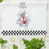 Cute Fat French Chef Caricature Black White Checks Theedoek (Gevouwen)
