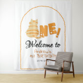 Cute Fat Orange Cat 1st Birthday Backdrop Wandkleed (In situ)
