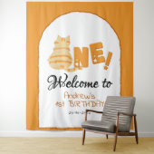 Cute Fat Orange Cat 1st Birthday Backdrop Wandkleed (In situ)
