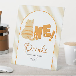 Cute Fat Orange Cat 1st Birthday Drinks Reclamebord Met Voetstuk